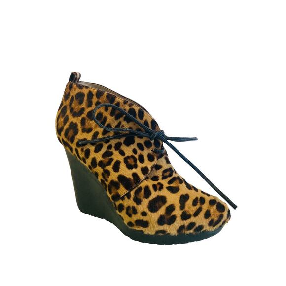 JIMMY CHOO Brown Leopard Calf Hair Baxter Wedge Lace Up Ankle Booties Size 34.5 - Picture 4 of 9
